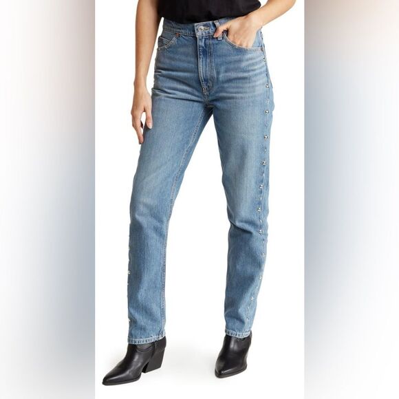 Re/Done NWT Women’s Size 29 Straight Leg Blue 70’s Jeans Studs Moonstruck $495 - Picture 1 of 16